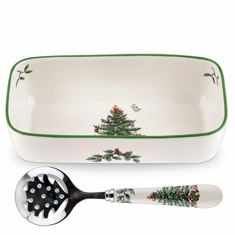 Spode - Christmas Tree Cranberry Server With Slotted Spoon 3 Spode - Christmas Tree Cranberry Server With Slotted Spoon